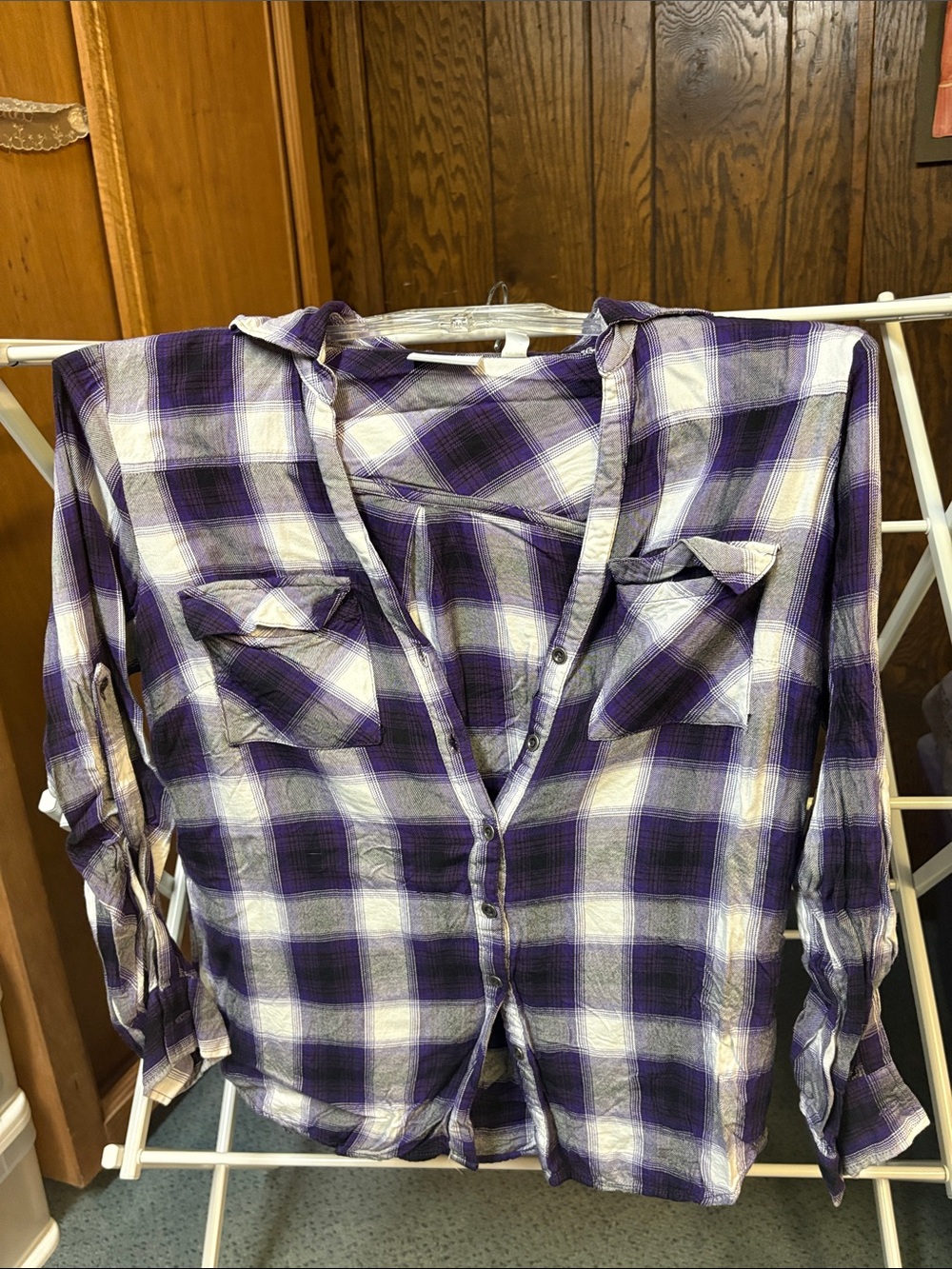 New York & Company Purple and White Plaid Button-Down Shirt